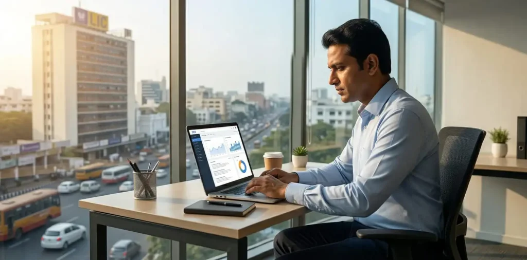 Business owner in Chennai comparing SEO and social media marketing results on laptop