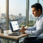 Business owner in Chennai comparing SEO and social media marketing results on laptop