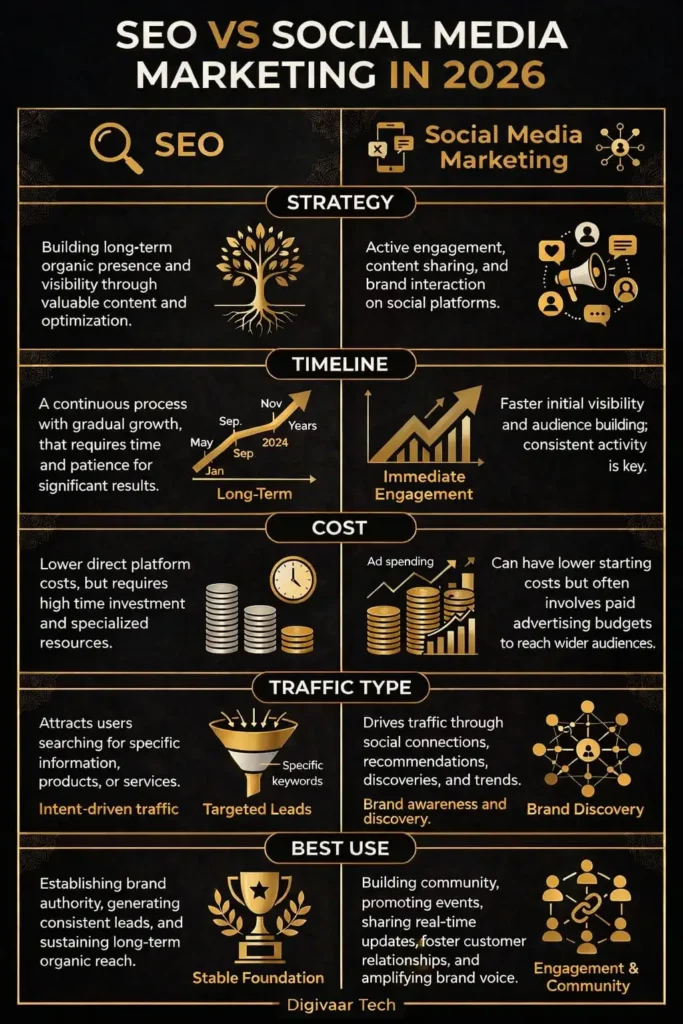Infographic comparing SEO and social media marketing strategies for businesses in Tamil Nadu 2026