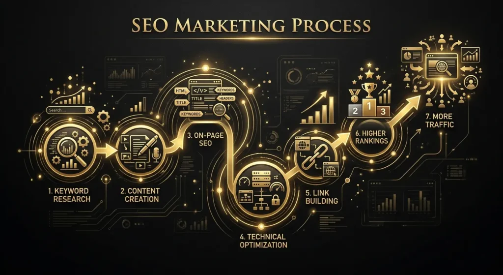 SEO marketing services optimizing a local business website to improve search rankings, visibility, and customer reach