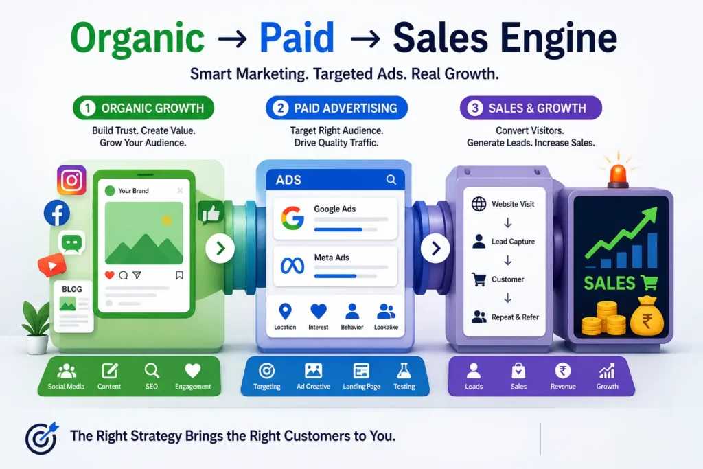 Organic to paid advertising funnel showing digital ad campaigns strategy for business growth and lead generation