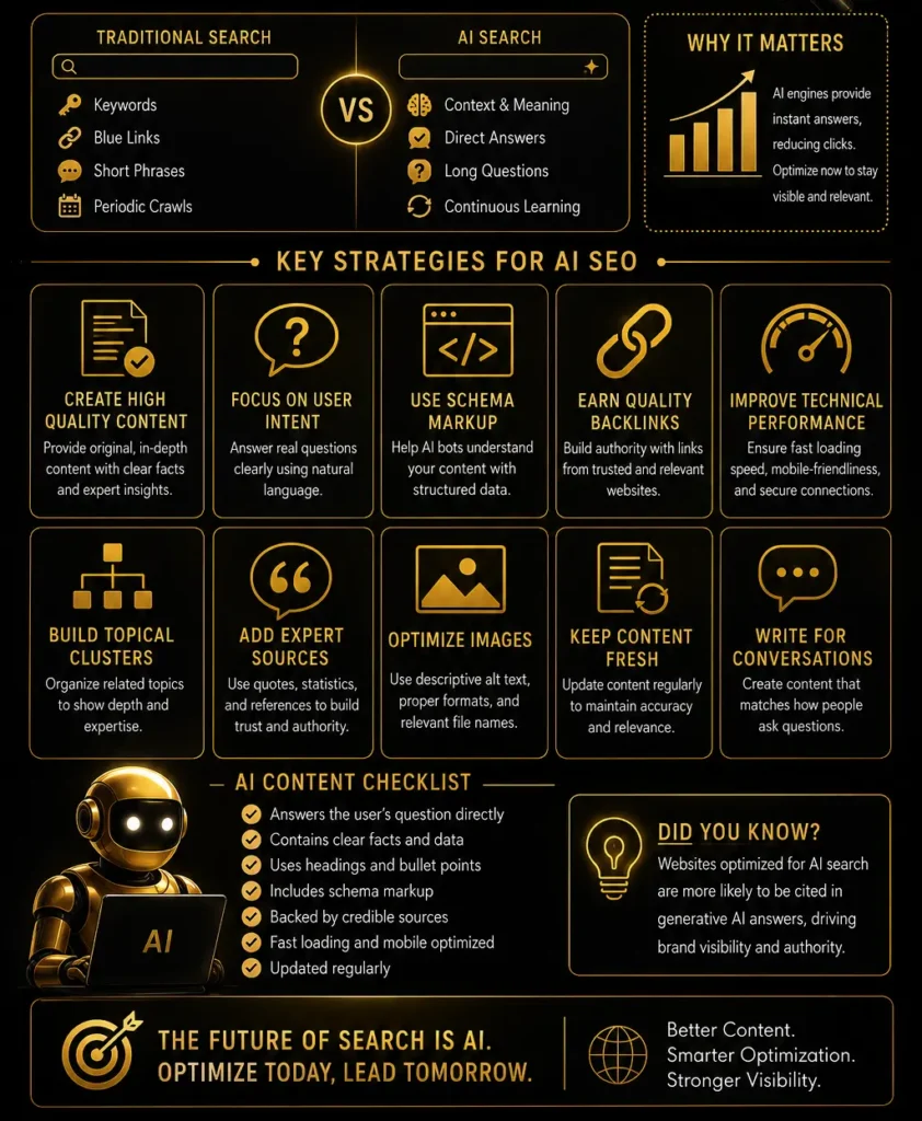 Black and gold infographic about AI search engine optimization strategies for websites.
