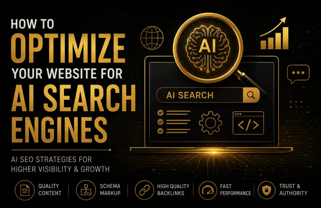 Black and gold AI SEO feature image showing website optimization for AI search engines with futuristic digital elements.