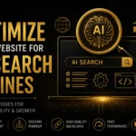 Black and gold AI SEO feature image showing website optimization for AI search engines with futuristic digital elements.