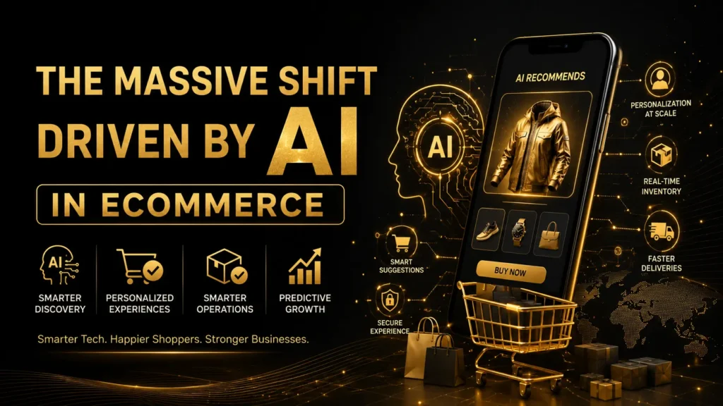 Futuristic AI in eCommerce feature image with black and golden theme showing smart shopping, AI recommendations, personalized experiences, real-time inventory, and faster deliveries.