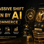 Futuristic AI in eCommerce feature image with black and golden theme showing smart shopping, AI recommendations, personalized experiences, real-time inventory, and faster deliveries.